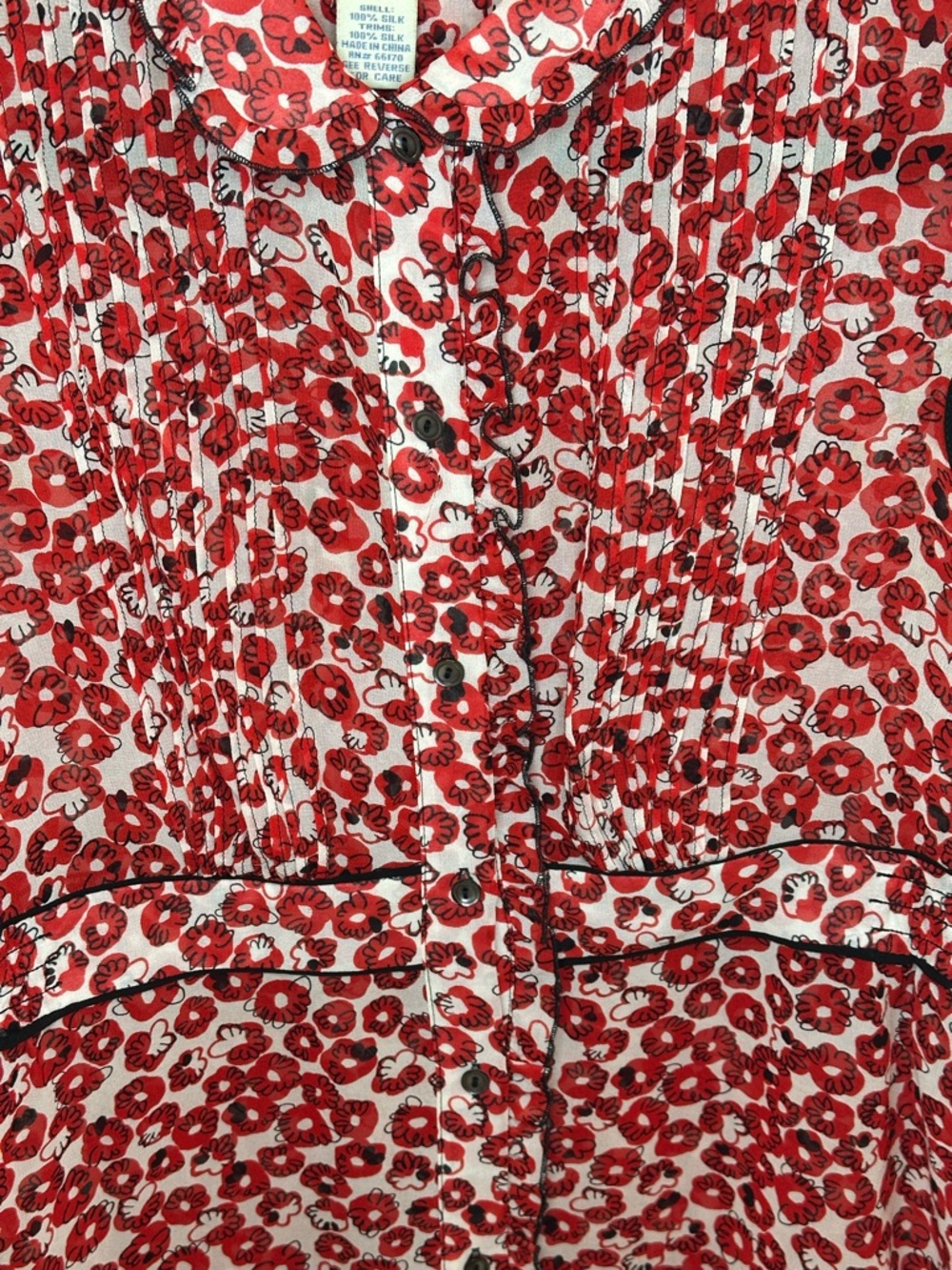 Odille Red Floral Cap Sleeve Blouse with Black Trim, size 4, 100% Silk pre loved - Picture 2 of 10